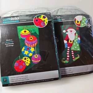 Pair Artiste Felt Stocking Kits Santa NIP - Santa Ornaments embroidery sequins
